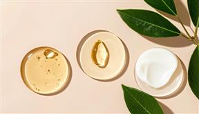 Textures de soins naturels et feuilles vertes sur fond poudré